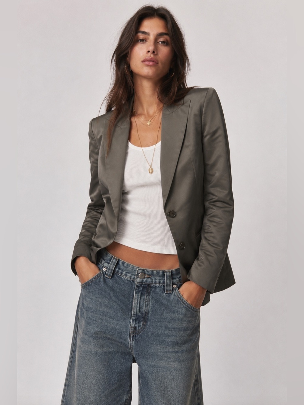 BOSS Hugo Boss Satin Olive Grey Tailored Blazer Jacket Women’s US 6 EU 38